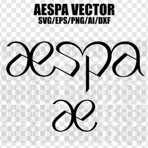 Puede incluir: Gráfico vectorial negro de la palabra "AESPA" en una fuente estilizada, con las letras conectadas. Encima de la palabra está el texto "AESPA VECTOR" y debajo "SVG/EPS/PNG/AI/DXF". Un símbolo "æ" más pequeño está debajo de la palabra.