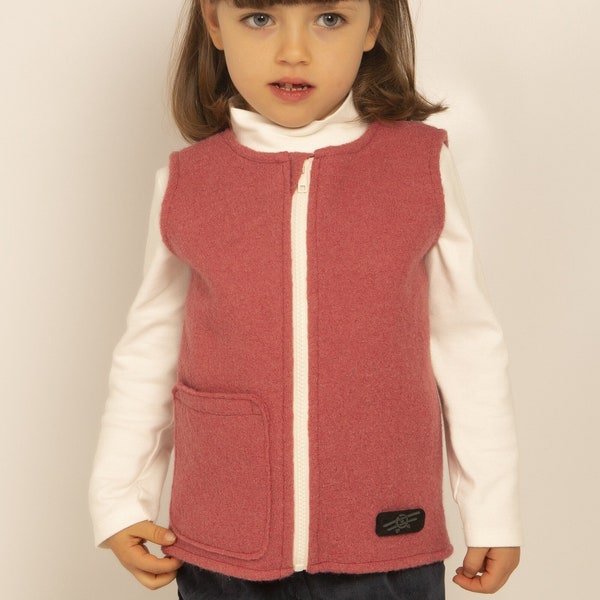 READY DELIVERY - Children's boiled wool vest in pink and grey-blue, with white zip, with pocket, unisex, various sizes