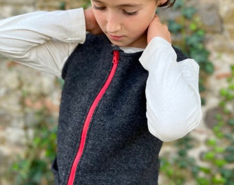 Children's vest in boiled wool with COLORED zip, with pocket, unisex