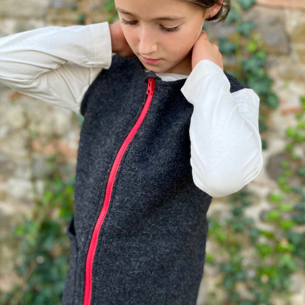 Children's vest in boiled wool with COLORED zip, with pocket, unisex