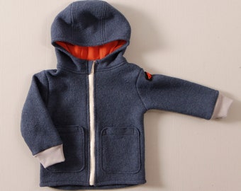 Boiled wool jacket for children with hood and pockets, single colour