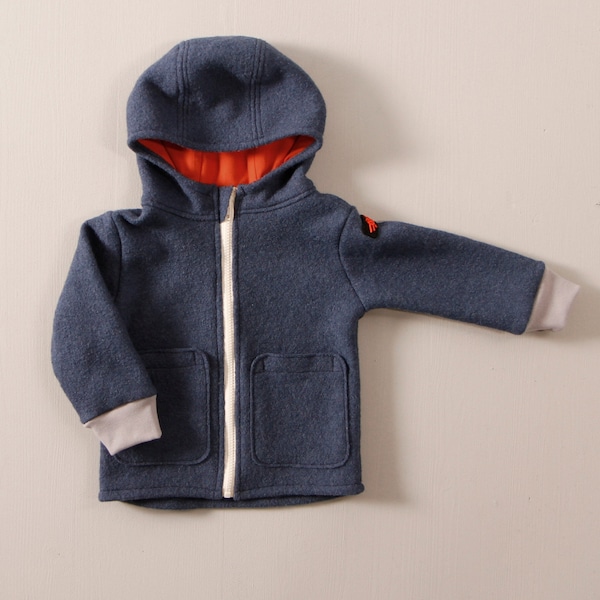 Boiled wool jacket for children with hood and pockets, single colour