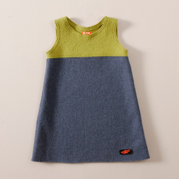 READY DELIVERY - boiled wool dress for girls in blue and green, size 110/116