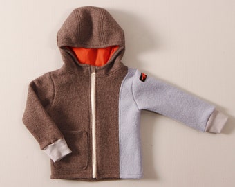 Boiled wool children's jacket with hood and pocket, for autumn and winter, two-tone of your choice