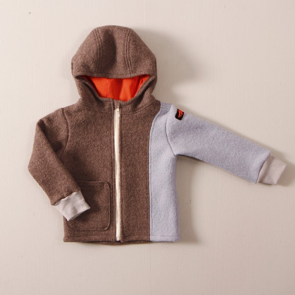 Boiled wool children's jacket with hood and pocket, for autumn and winter, two-tone of your choice