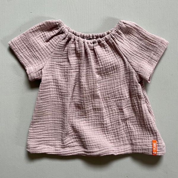 Ready for Delivery - 100% Organic Cotton Muslin Short Sleeve Blouse, Dusty Pink, Size 98