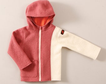 Boiled wool children's jacket with hood and pocket, for autumn and winter, one side in white