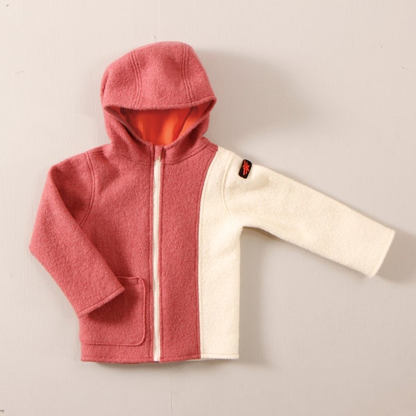 Boiled wool children's jacket with hood and pocket, for autumn and winter, one side in white