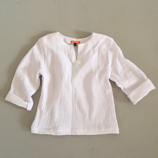 Ready for Delivery - Unisex 100% Organic Cotton Muslin Long Sleeve Shirt, Slit Neck, Size 110