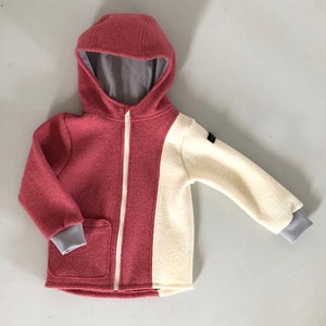 Boiled wool children's jacket with hood and pocket, for autumn and winter, one side in white image 2