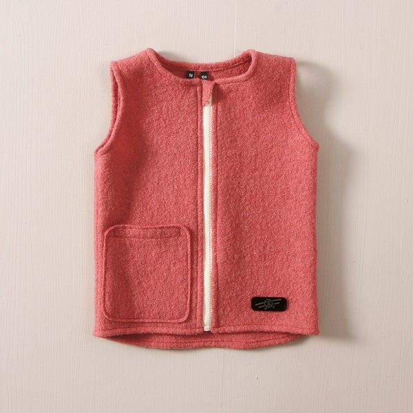 Children's vest in boiled wool with white zip, with pocket, unisex