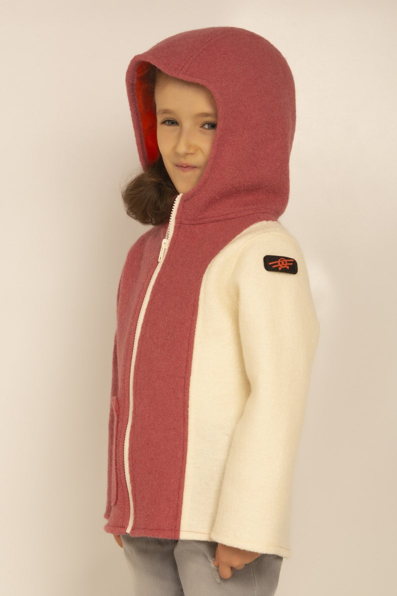 Boiled wool children's jacket with hood and pocket, for autumn and winter, one side in white image 8