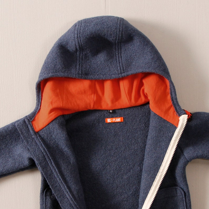Boiled wool jacket for children with hood and pockets, single colour image 2