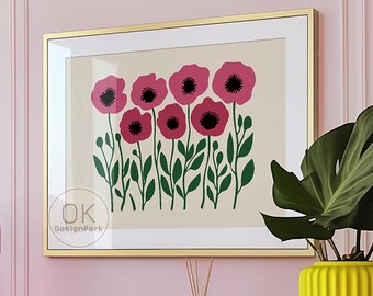 Colorful Poppies Printable Wall Art, Maximalist Floral Decor, Horizontal Botanical Poster, Mothers Day Pink & Green Flower Print, Abstract