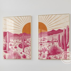 Pink Desert Cactus Wall Art Set–2 Piece Digital Print with Sunset and Botanical Vibes, Southwestern Cactus Printable for Bedroom or Entryway