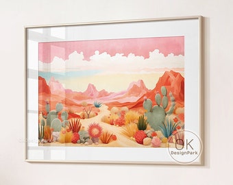 Western Desert Print, Retro Midcentury Modern Poster, Colorful Nature Landscape Vintage Wild West Art Botanical Cactus Decor Abstract Desert