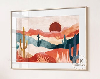Western Desert Print, Retro Midcentury Modern Poster, Colorful Nature Landscape Vintage Wild West Art Botanical Cactus Decor Abstract Desert