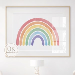 May include: A framed watercolour print of a rainbow in shades of red, orange, yellow, green, blue, and purple. The print hangs above a wooden table with two wicker baskets and a decorative lamp. Two cots are on either side of the table.