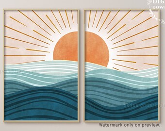 Modern Ocean Prints, Beach House Decor, Ocean Wall Art, Boho Beach Print, Ocean Waves Print, Abstract Sun, Abstract Landscape, Printable Art