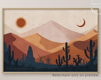 May include: A digital download of a printable art print featuring a desert landscape with mountains, cacti, a sun, and a crescent moon. The colors are warm and earthy, with shades of orange, brown, and blue.