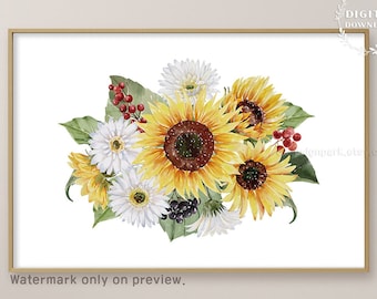 Sunflower Print, Fall Printable Art, Watercolor Flowers Prints, Sunflower Download, Autumn Print Botanical Print Thanksgiving Print Wall art