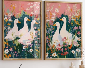 Whimsical Nursery Duck Art Prints, Cottagecore Wall Art, Spring Duckling Wall Decor, Pastel Pink Animal Art for Kids Room, Farm Animal Art