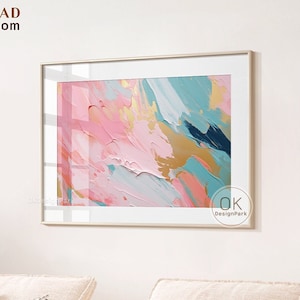 Bunte horizontale Wandkunst, modernes Wohnzimmer, rosa und blaue Wand, blaue abstrakte Kunst, druckbare Wandkunst, Badezimmerwandkunst, digital