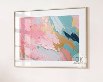 May include: Abstract art print in a gold frame. The artwork features brushstrokes in pink, teal, gold, and navy blue. The text "DIGITAL DOWNLOAD OKDesignPark.etsy.com" is visible in the upper left corner, and the OK DesignPark logo is in the lower right corner.