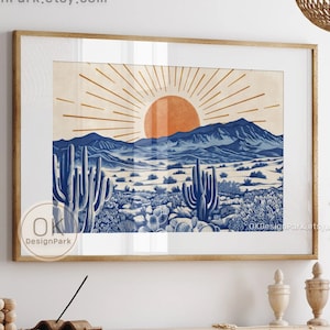 Mexican Desert Blue Art Print, Digital Download, Vintage Retro Modern, Printable Wall Art, Cactus Wall Art, Wall Decor, Desert Landscape Art