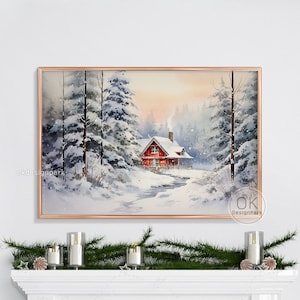 Bosque de pinos de invierno, pintura navideña, impresión de arte digital, paisaje rústico de acuarela, impresión de árboles de hoja perenne nevados, arte de pared imprimible