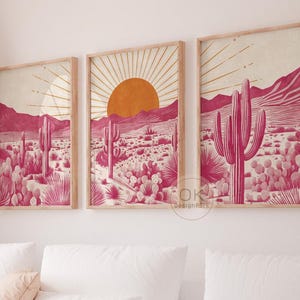Kaktus-Wüsten-Wand-Kunst-Set - kühne Sonnenlandschaft druckbar, südwestlicher Sonnenuntergang digitaler Download für Boho Haus, Schlafzimmer oder Kinderzimmer