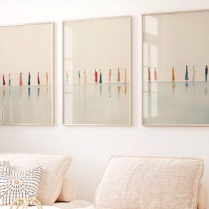 People by the Sea Wall Art Set of 3 – Minimalist Coastal Triptych Print, Beige & Neutral Decor, Modern Boho Beach Poster, Downloadable Art