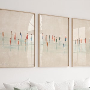 People on the Beach Digital Print Set of 3 – Minimalist Beige Wall Art, Triptych Poster for Bedroom, Neutral Boho Decor Download