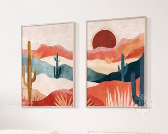 Retro Western Desert Print, Midcentury Modern Poster, Colorful Nature Landscape Vintage Wild West Art Botanical Cactus Decor Abstract Desert