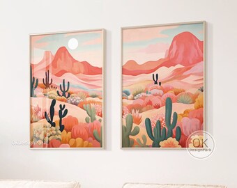 Kleurrijke woestijn, Californië woestijn kunst aan de muur, kleurrijke bergkunst, kleurrijke landschapskunst, Midcentury moderne roze woestijn reizen retro decor