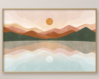 Abstract Mountain Landscape, Mid Century Modern, Above Bed Decor, Printable Wall Art, Terracotta Wall Art Boho Landscape print Boho Mountain