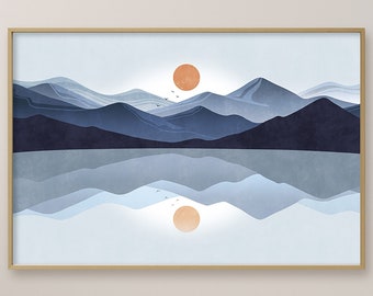 Zon en berg kunst aan de muur, abstracte berg, horizontaal landschap, mannelijke kunst aan de muur, zonsondergang poster, landschap print set, minimalistische kunst