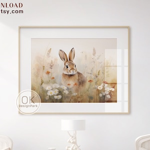 Spring Bunny Rabbit Printable Wall Art, Wildflower Field Art Easter Print, Vintage Rabbit Painting Spring Decor Nursery Decor Cottage Garden
