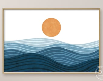 Boho Beach Print, Beach House Decor, Ocean Waves Print, Abstract Landscape, Printable Wall Art, Abstract Sun Art Instant Download Art Nature