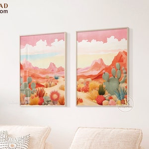 Western Desert Print, Retro Midcentury Modern Poster, Bunte Natur Landschaft Vintage Wild West Art Botanischer Kaktus Dekor Abstrakt Wüste