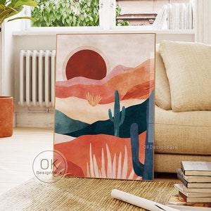 Western Desert Print, Retro Midcentury modernes Poster, Bunte Natur Landschaft Vintage Wilder Westen Kunst Botanische Kaktus Dekor Abstrakte Wüste