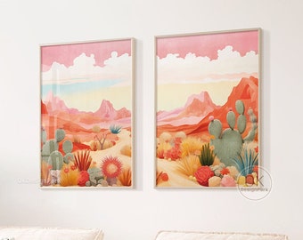 Western Desert Print, Retro Midcentury Modern Poster, Colorful Nature Landscape Vintage Wild West Art Botanical Cactus Decor Abstract Desert