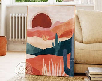 Western Desert Print, Retro Midcentury Modern Poster, Colorful Nature Landscape Vintage Wild West Art Botanical Cactus Decor Abstract Desert