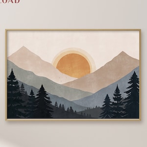 Sun and Mountain Wall Art, Landscape Print Set, Printable Wall Art Minimalist Art Abstract Mountain Sunset Poster Boho Room Decor Masculine