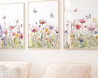 Floral Watercolor Print Set of 3, Wildflower Field Wall Art, Printable Colorful Flower Artwork Digital Download Watercolor Spring Home Decor