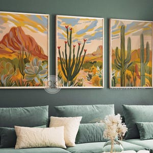 Southwestern Cactus Triptychon Wandkunst - Warme Wüstenlandschaft 3er-Set, digitaler Sonnenuntergang Poster, Boho Retro Decor für Wohnzimmer & mehr