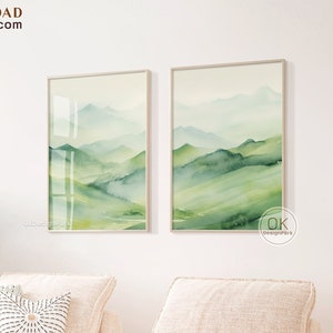Green Mountain 2 Stück Wand Kunst Aquarell Berglandschaft, Boho Abstrakte Natur Druck, Moderne Minimal Dekor, Digital Download, Kinderzimmer