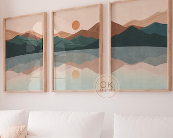 Digital Mountain Landscape Set of 3 – Warm Earth Tone Triptych Print, Abstract Nature Poster with Sun and Lake, Boho Wall Decor, Minimalist