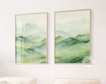 Green Mountain 2 Piece Wall Art Watercolor Mountain Landscape, Boho Abstract Nature Print, Modern Minimal Decor, Digital Download, Nursery