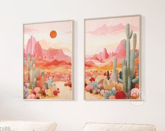 Western Desert Print, Retro Midcentury Modern Poster, Colorful Nature Landscape Vintage Wild West Art Botanical Cactus Decor Abstract Desert